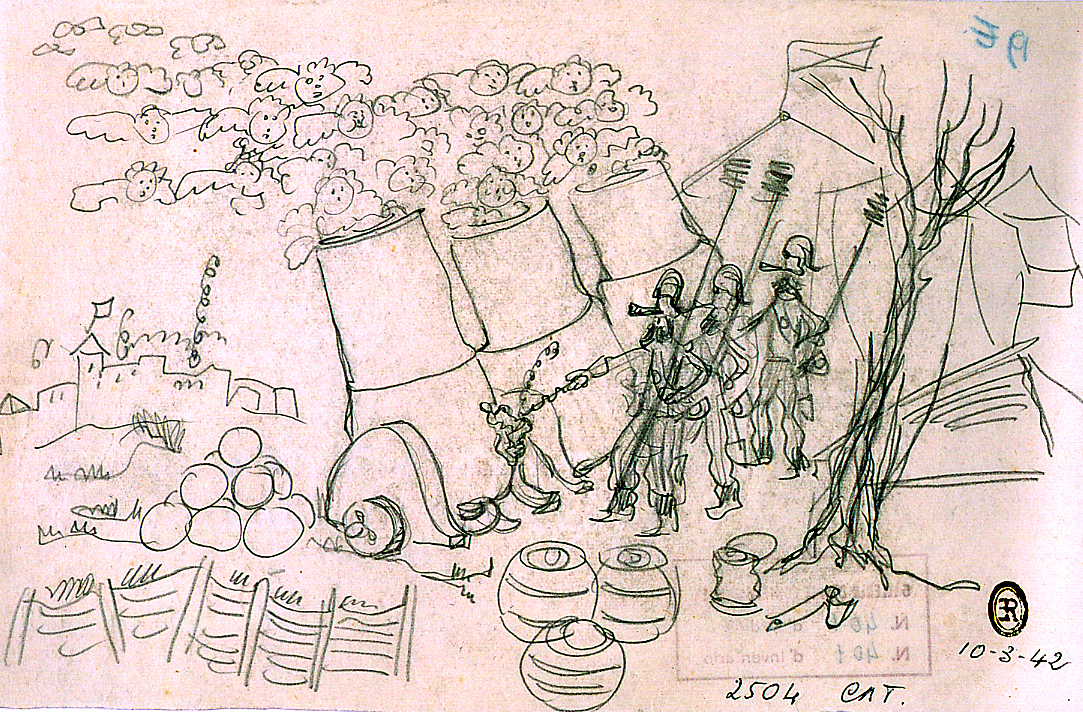 Emissione di angeli, paesaggio con soldati e cherubini (disegno) di Ercolani Ernesto (sec. XX)