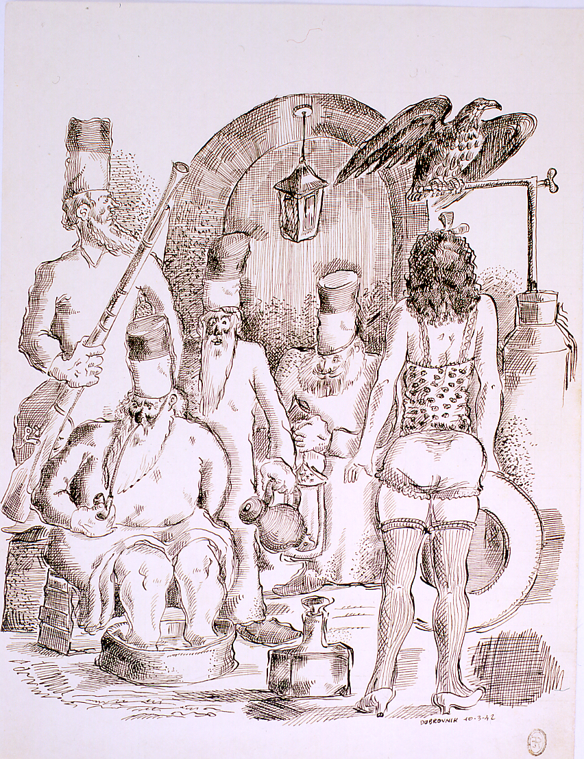 figure maschili e femminili con aquila (disegno) di Ercolani Ernesto (sec. XX)
