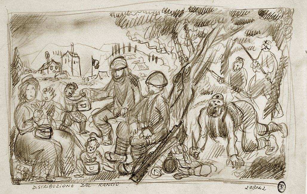 paesaggio con soldati e figure (disegno) di Ercolani Ernesto (sec. XX)