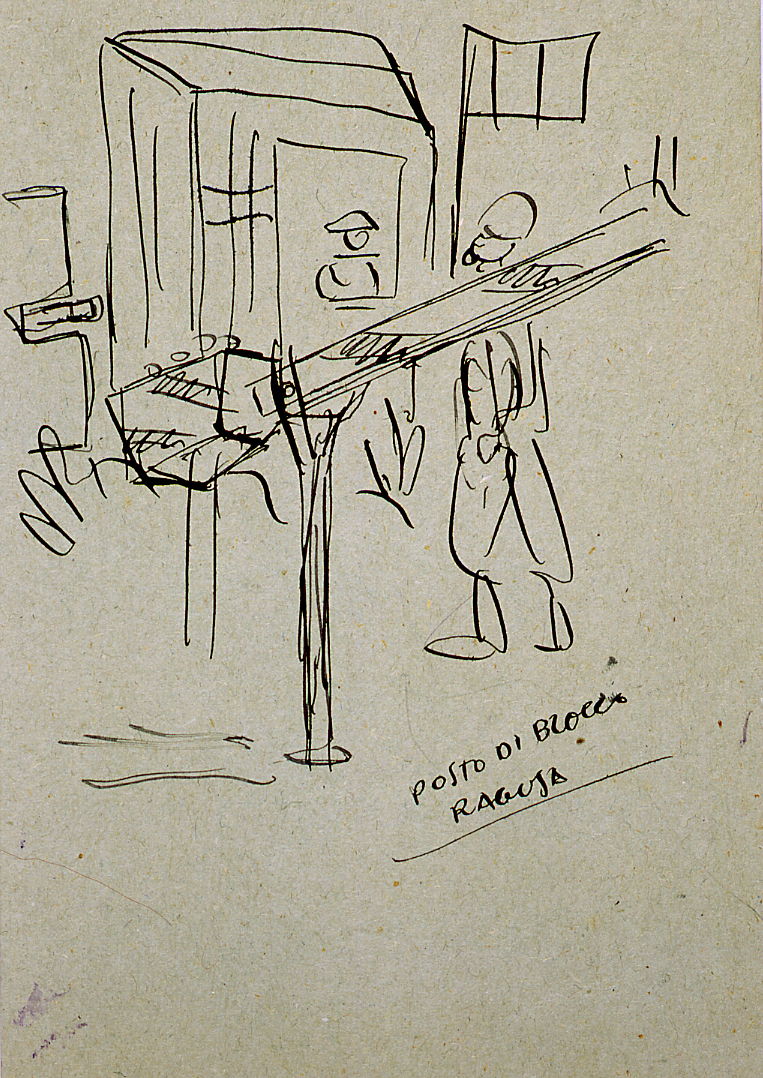 casottino con soldato (disegno) di Ercolani Ernesto (sec. XX)