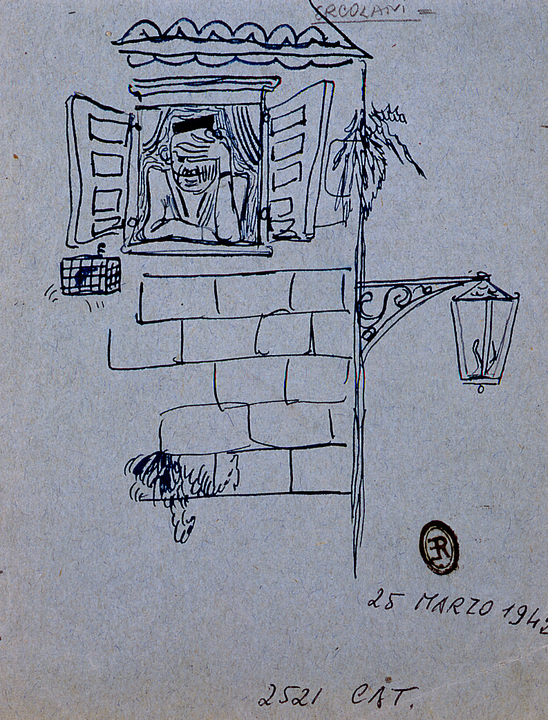 figura maschile affacciata alla finestra (disegno) di Ercolani Ernesto (sec. XX)