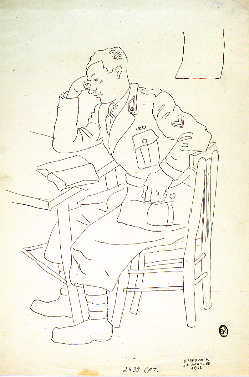 soldato seduto che legge (disegno) di Ercolani Ernesto (sec. XX)