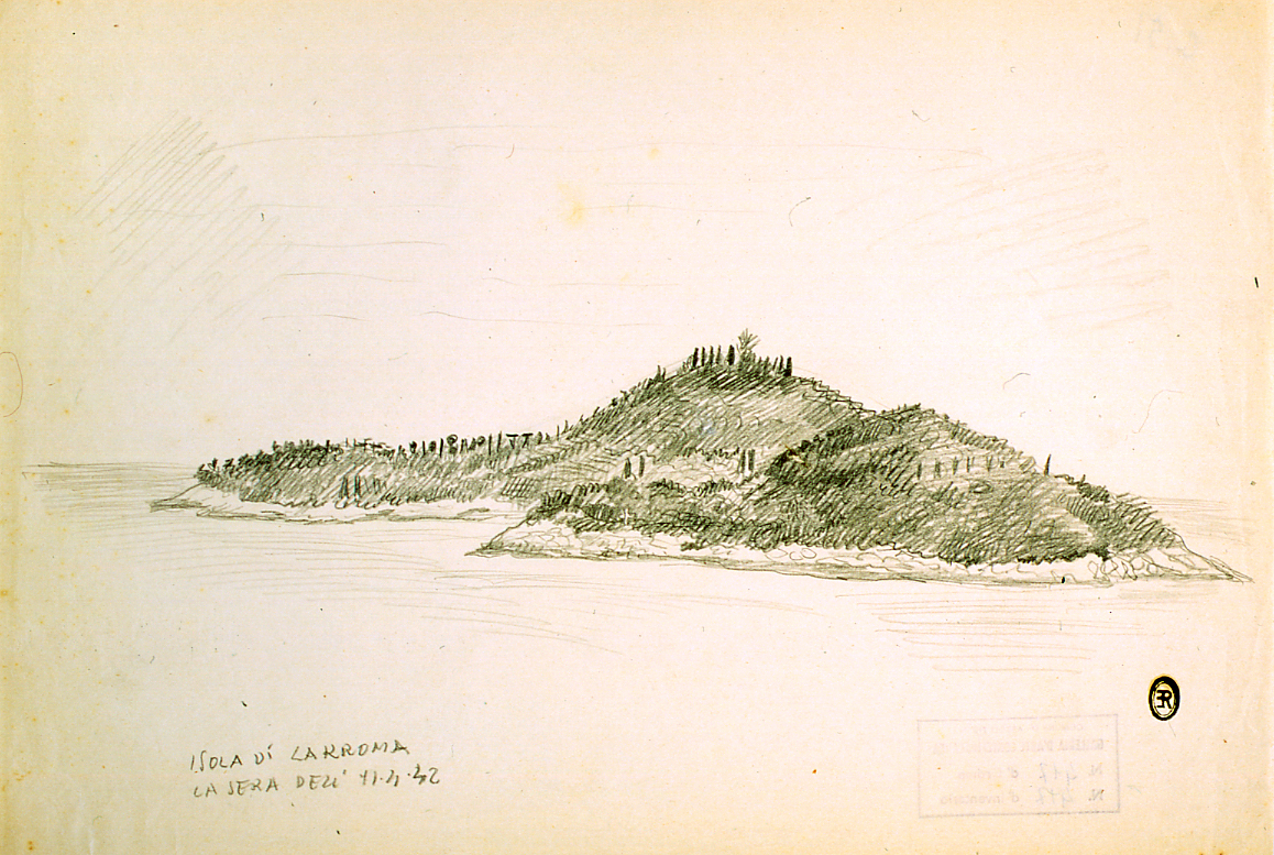 veduta dell'isola di Lakroma (disegno) di Ercolani Ernesto (sec. XX)