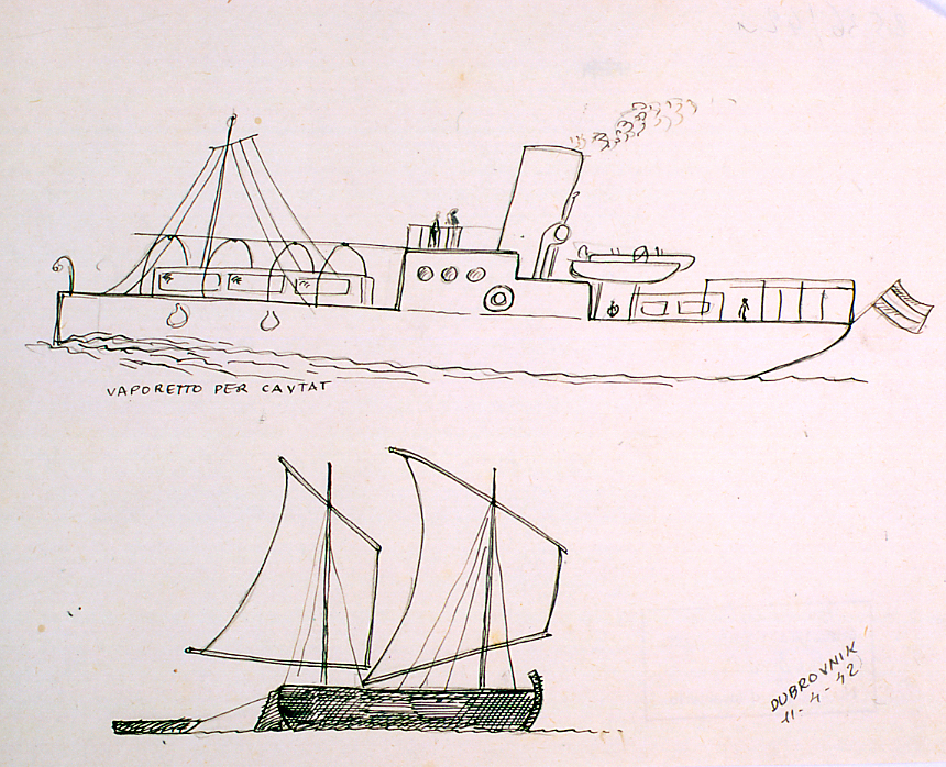 vaporetto e barca a vela (disegno) di Ercolani Ernesto (sec. XX)