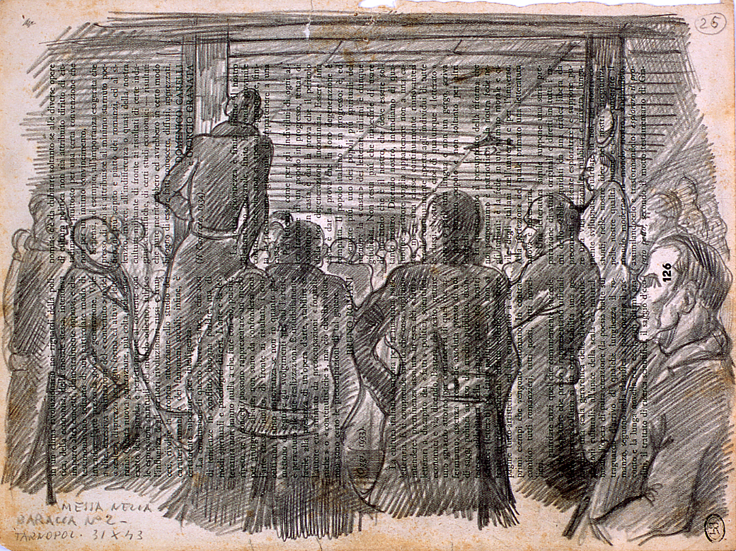 Messa nella baracca n° 2, messa alla baracca n° 2 (disegno) di Ercolani Ernesto (sec. XX)