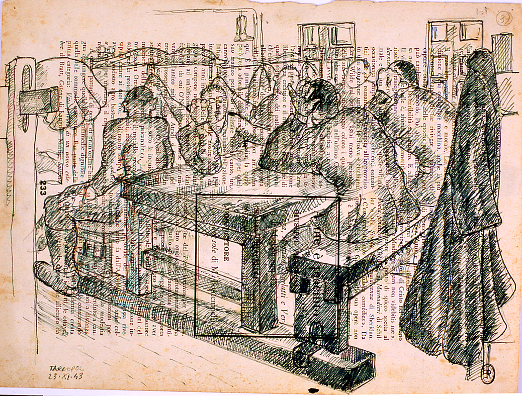 Prigionieri nella baracca, prigionieri seduti attorno a un tavolo (disegno) di Ercolani Ernesto (sec. XX)