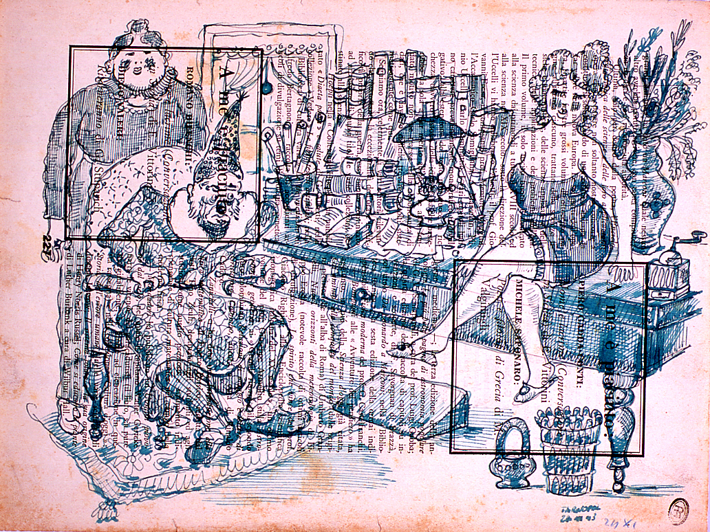 Vecchio barbagio con donnina, interno con figure (disegno) di Ercolani Ernesto (sec. XX)