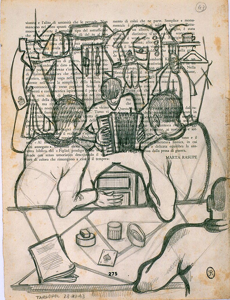 Musica nella baracca, interno con figure (disegno) di Ercolani Ernesto (sec. XX)