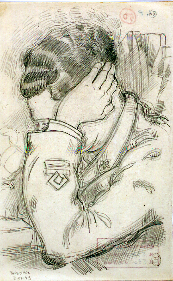 Prigioniero assorto, ritratto di soldato (disegno) di Ercolani Ernesto (sec. XX)