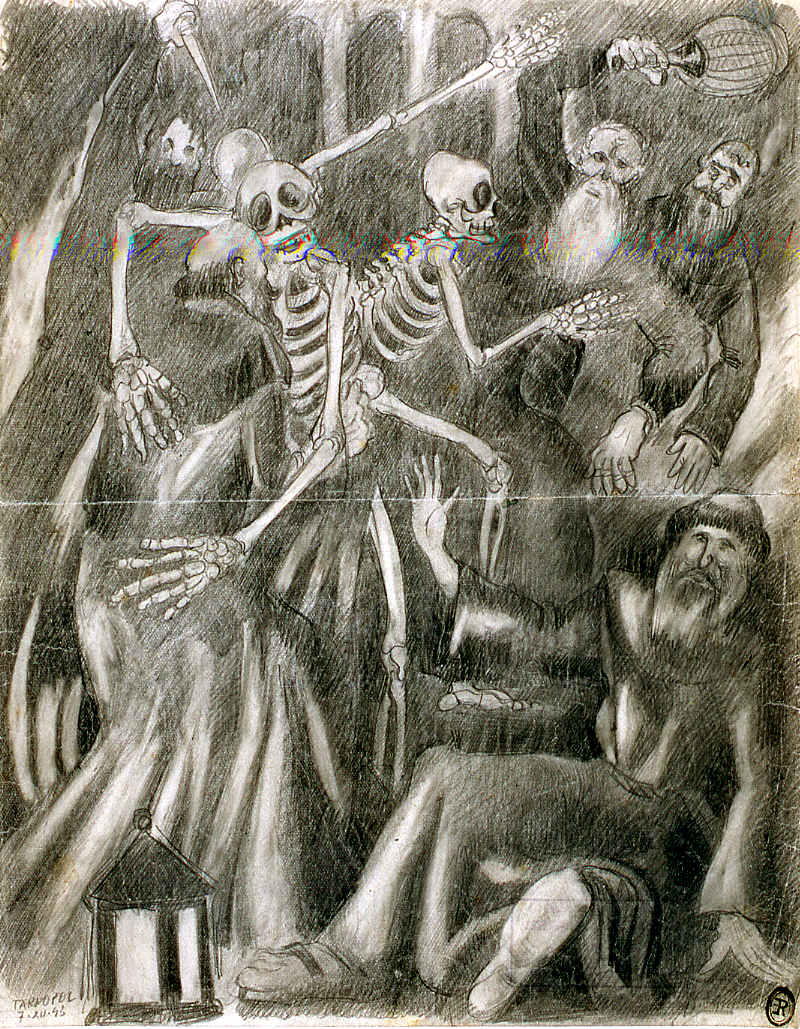 Frati assaliti da scheletri, frati e scheletri (disegno) di Ercolani Ernesto (sec. XX)