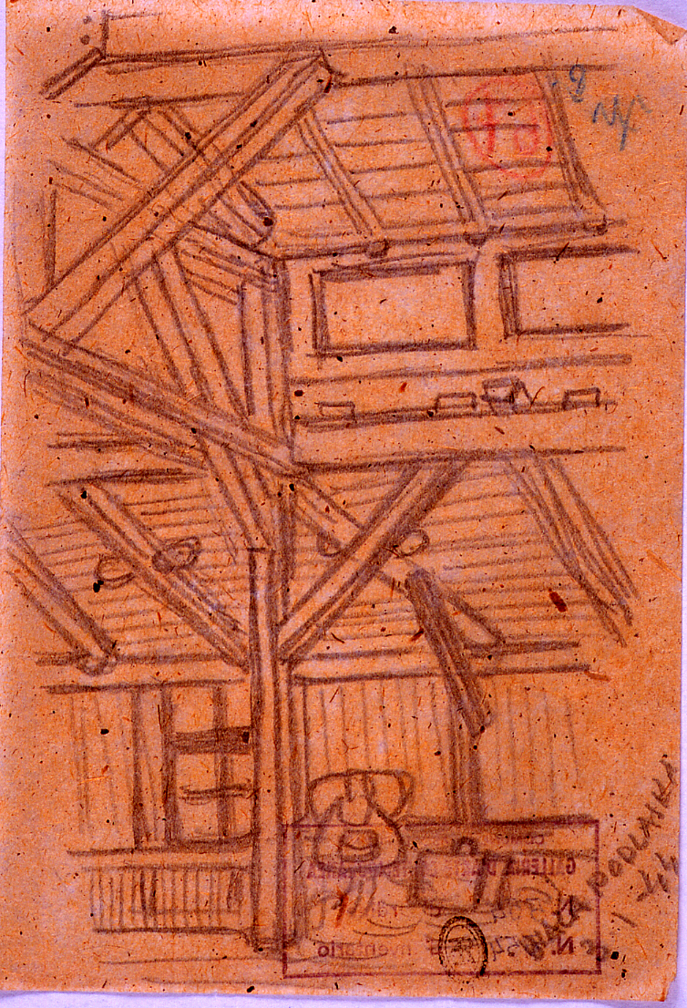Interno di baracca, interno di una baracca (disegno) di Ercolani Ernesto (sec. XX)