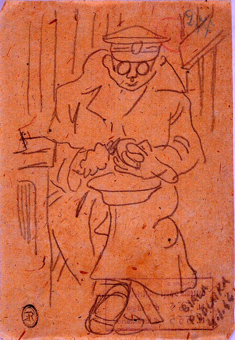 Lavoro di cucina, prigioniero che pulisce patate (disegno) di Ercolani Ernesto (sec. XX)