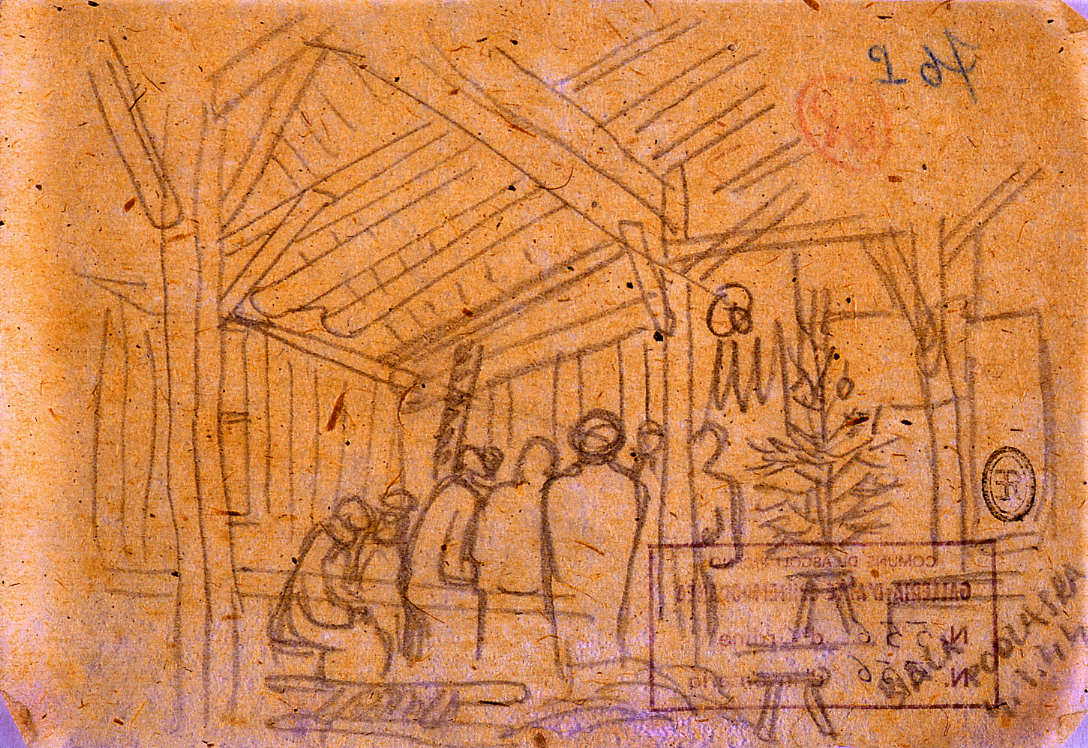 Prigionieri in attesa, interno di baracca con prigionieri (disegno) di Ercolani Ernesto (sec. XX)