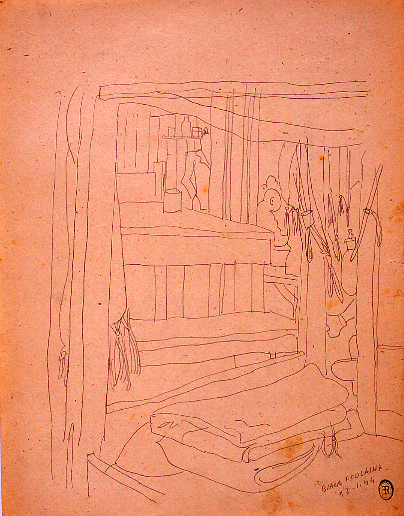 Interno di una baracca, interno di una baracca (disegno) di Ercolani Ernesto (sec. XX)