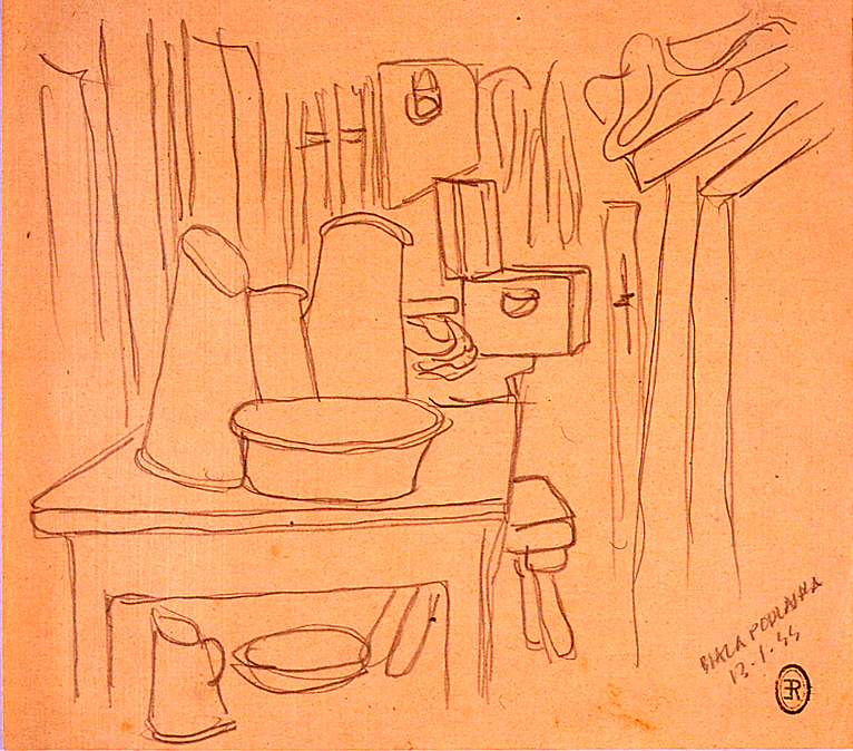 Interno di baracca con utensili, oggetti (disegno) di Ercolani Ernesto (sec. XX)