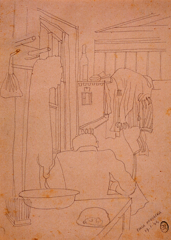 Interno di baracca, interno di baracca (disegno) di Ercolani Ernesto (sec. XX)