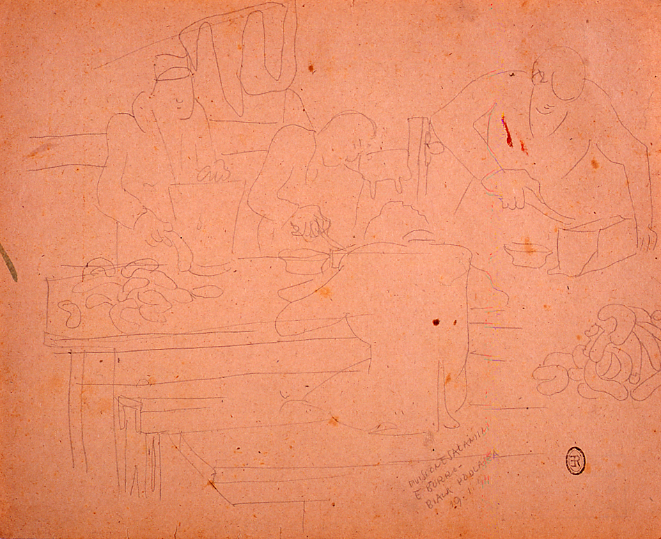 Divisione salamini e burro, divisione salamini e burro (disegno) di Ercolani Ernesto (sec. XX)