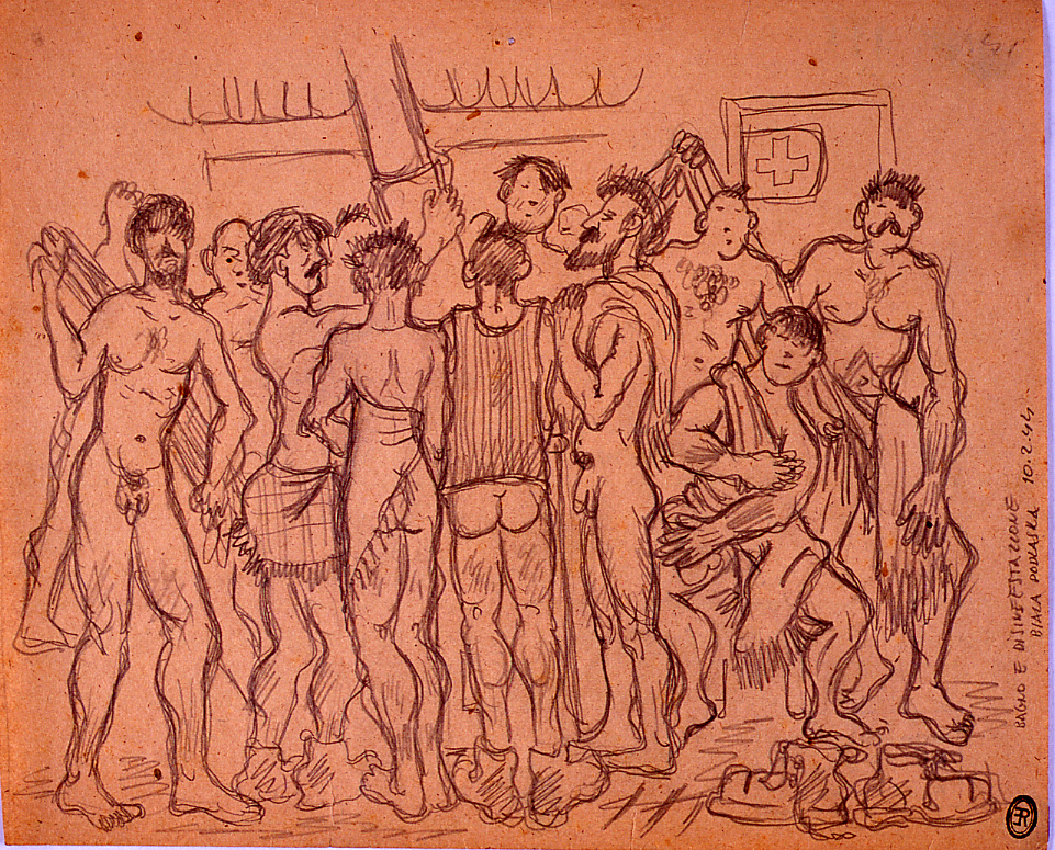Bagno e disinfestazione, bagno e disinfestazione (disegno) di Ercolani Ernesto (sec. XX)