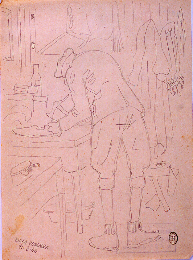 Lavoro di ciabattino, prigioniero che ripara una scarpa (disegno) di Ercolani Ernesto (sec. XX)