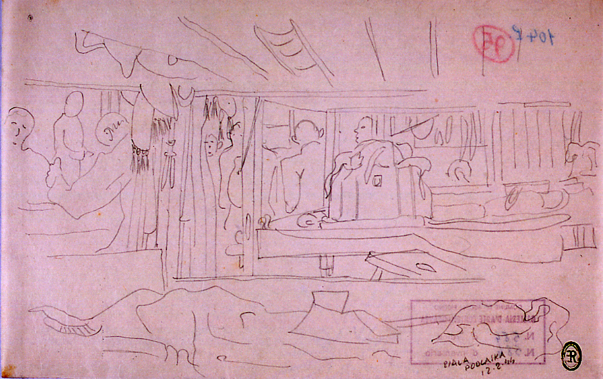 Interno di baracca, prigionieri nella baracca (disegno) di Ercolani Ernesto (sec. XX)