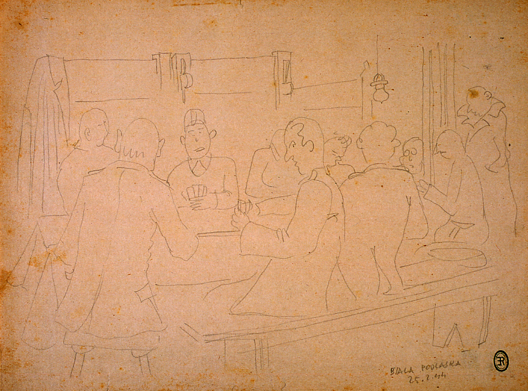 Interno di baracca, prigionieri nella baracca (disegno) di Ercolani Ernesto (sec. XX)