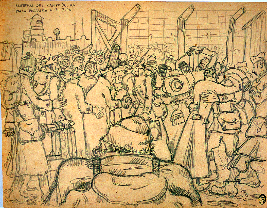 Partenza del campo `A` da Biala Podlaska il 14. 3. 44, partenza dei prigionieri (disegno) di Ercolani Ernesto (sec. XX)
