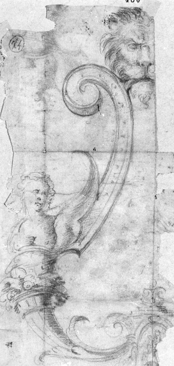 motivo decorativo a grottesche e allegoria della Carità (disegno) - ambito romano (seconda metà sec. XVI)
