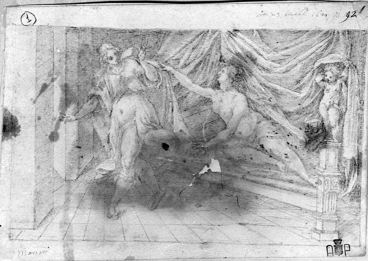 Giuseppe e la moglie di Putifarre; copricapo e quattro decorazioni (disegno) di Mariani Giovanni Maria (sec. XVII)