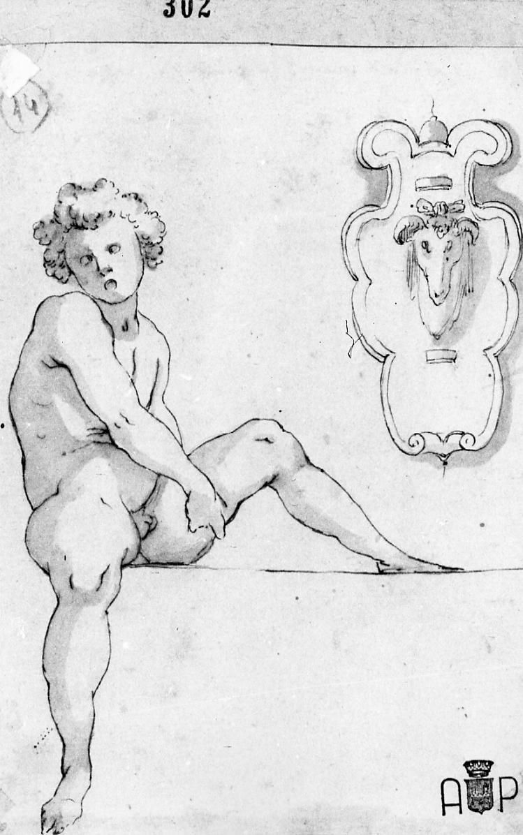 figura maschile nuda e cartiglio (disegno) - ambito toscano (sec. XVII)