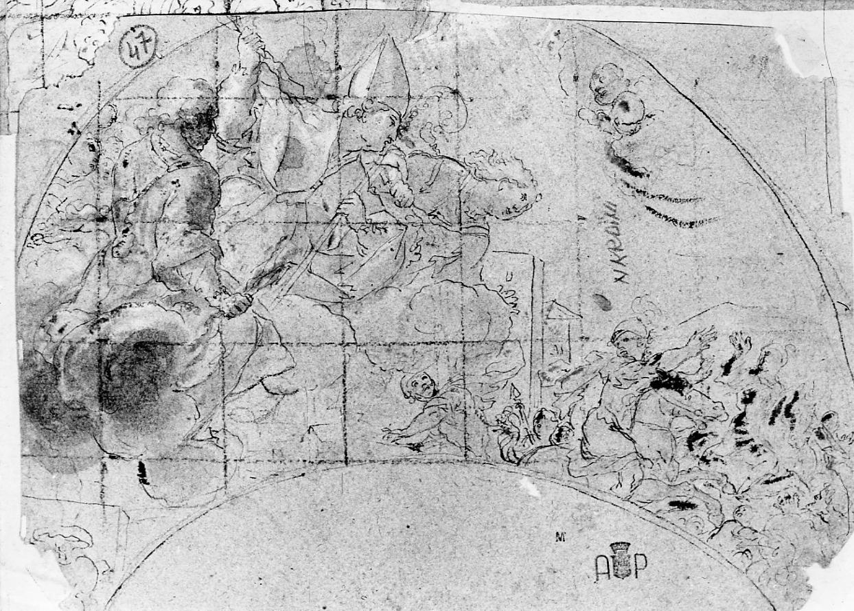Sant'Emidio libera la città di Ascoli dall`assedio dei nemici; studi di mani e volti (disegno) di Nardini Tommaso (sec. XVIII)