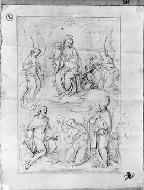 Madonna con Bambino in gloria, angeli e Santi (disegno) di Paci Emidio (sec. XIX)