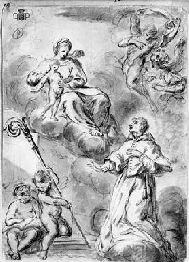 Madonna con Bambino appare ad un Santo vescovo (disegno) di Miniera Biagio (scuola) (seconda metà sec. XVIII)