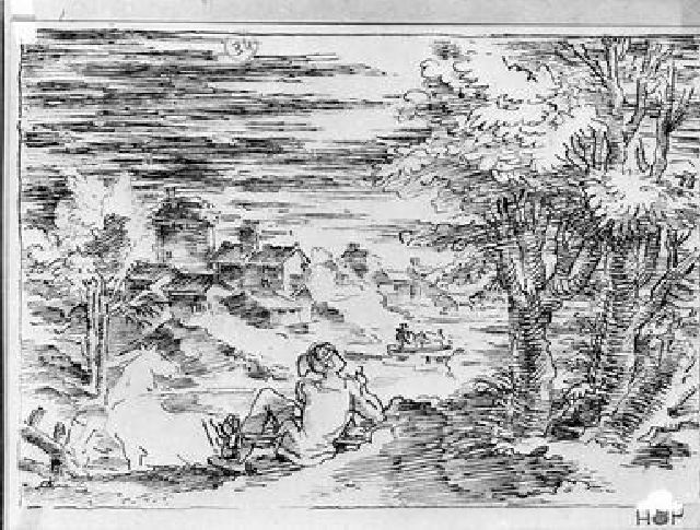 paesaggio con figura femminile (disegno) di Duranti Fortunato (sec. XIX)