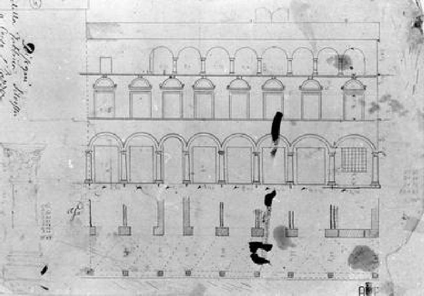 pianta e prospetto dell`ala settentrionale del Palazzo Silvestri di Ascoli Piceno (disegno) di Gabrielli Gabriele (sec. XIX)