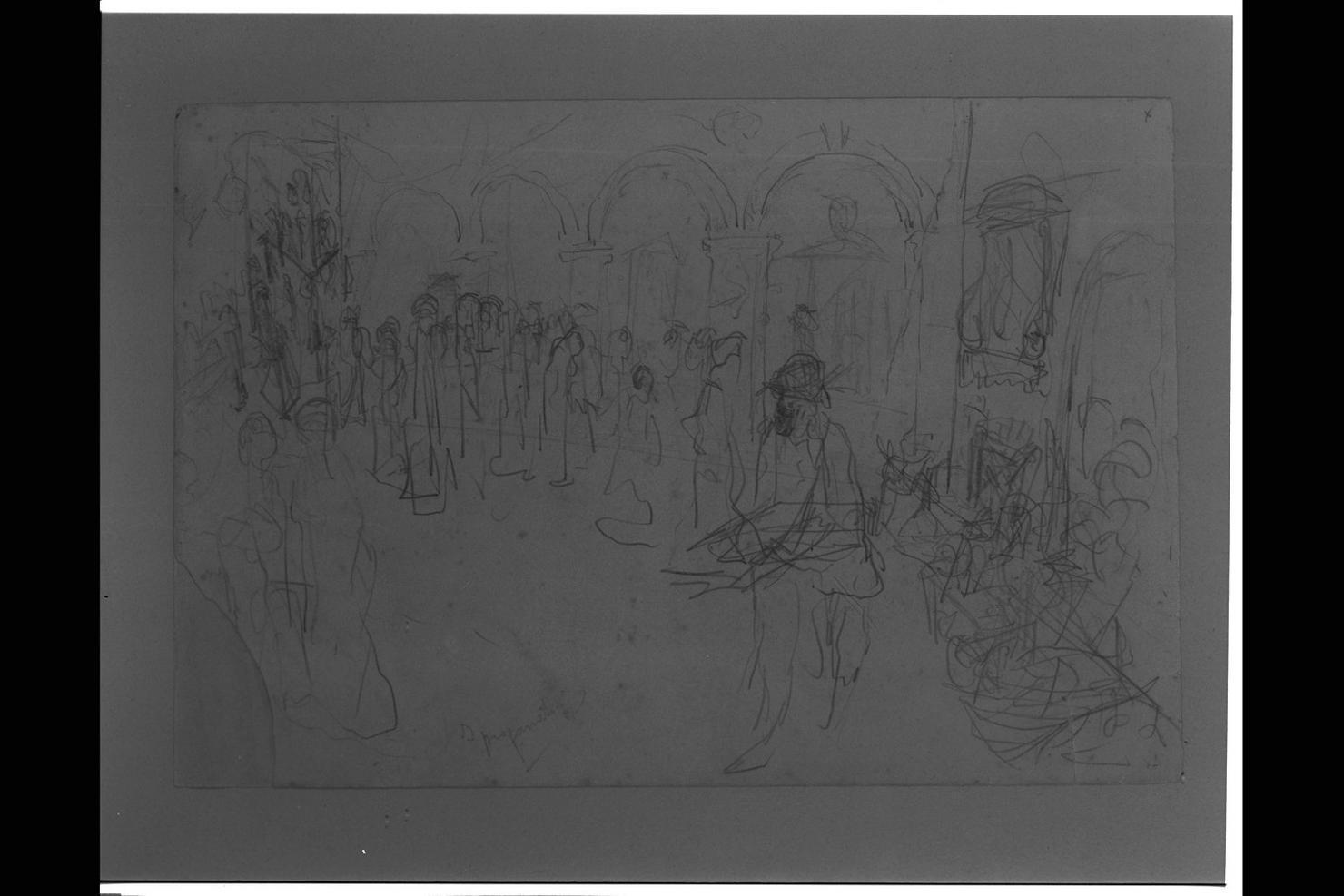I profanatori, figure in un interno (disegno) di Giorgetti Guelfo (sec. XX)