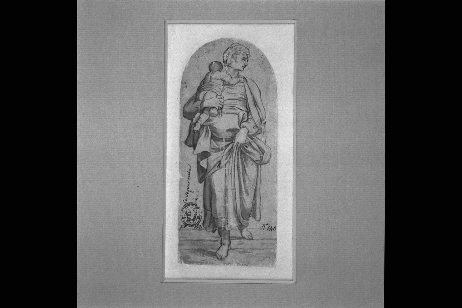 figura femminile panneggiata con bambino (disegno) - ambito emiliano (prima metà sec. XVII)