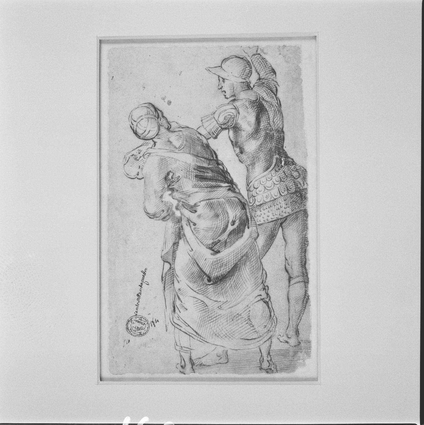 soldato e figura femminile con bambino (disegno) - ambito Italia centrale (sec. XVI)