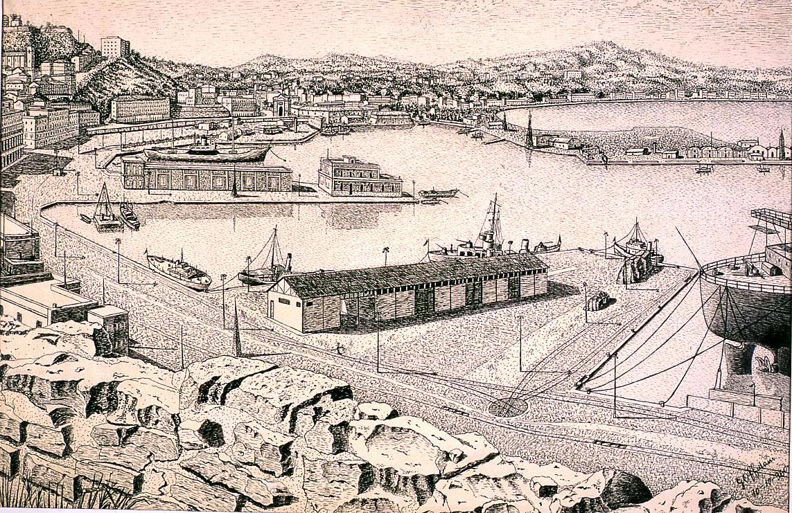 veduta del porto di Ancona (disegno) di Offidani Germano (sec. XX)