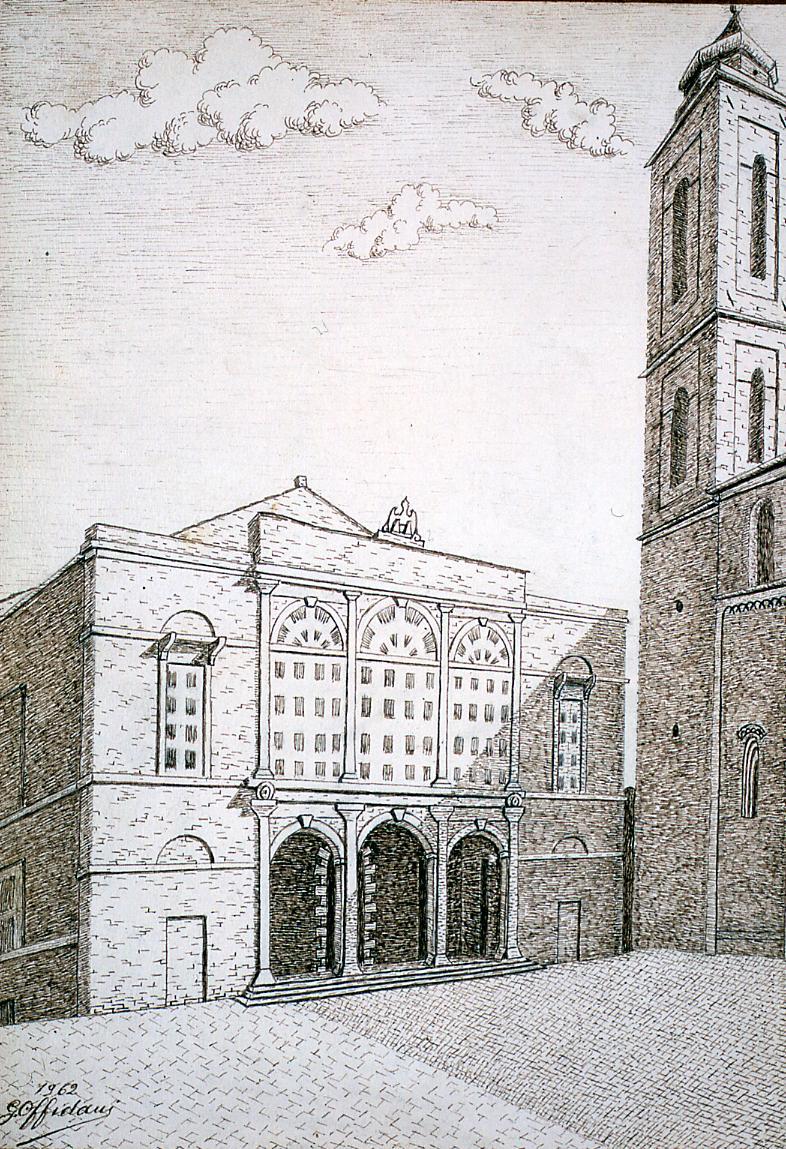 Sant'Elpidio a Mare: municipio, veduta del palazzo comunale di Sant'Elpidio a Mare (disegno) di Offidani Germano (sec. XX)