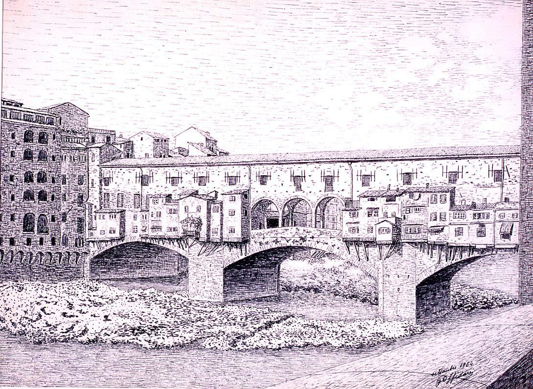Firenze: Ponte Vecchio, veduta del Ponte Vecchio a Firenze (disegno) di Offidani Germano (sec. XX)
