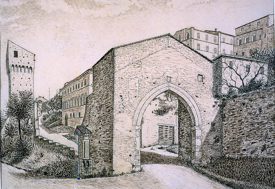 Fermo: Porta Sant'Antonio, veduta di Porta Sant'Antonio a Fermo (disegno) di Offidani Germano (seconda metà sec. XX)