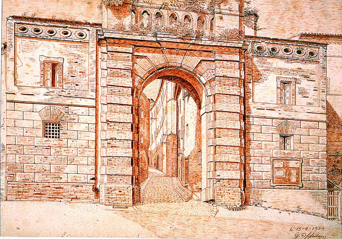 Sant'Elpidio a Mare: Porta Marina, veduta di Porta Marina a Sant'Elpidio a Mare (disegno) di Offidani Germano (sec. XX)