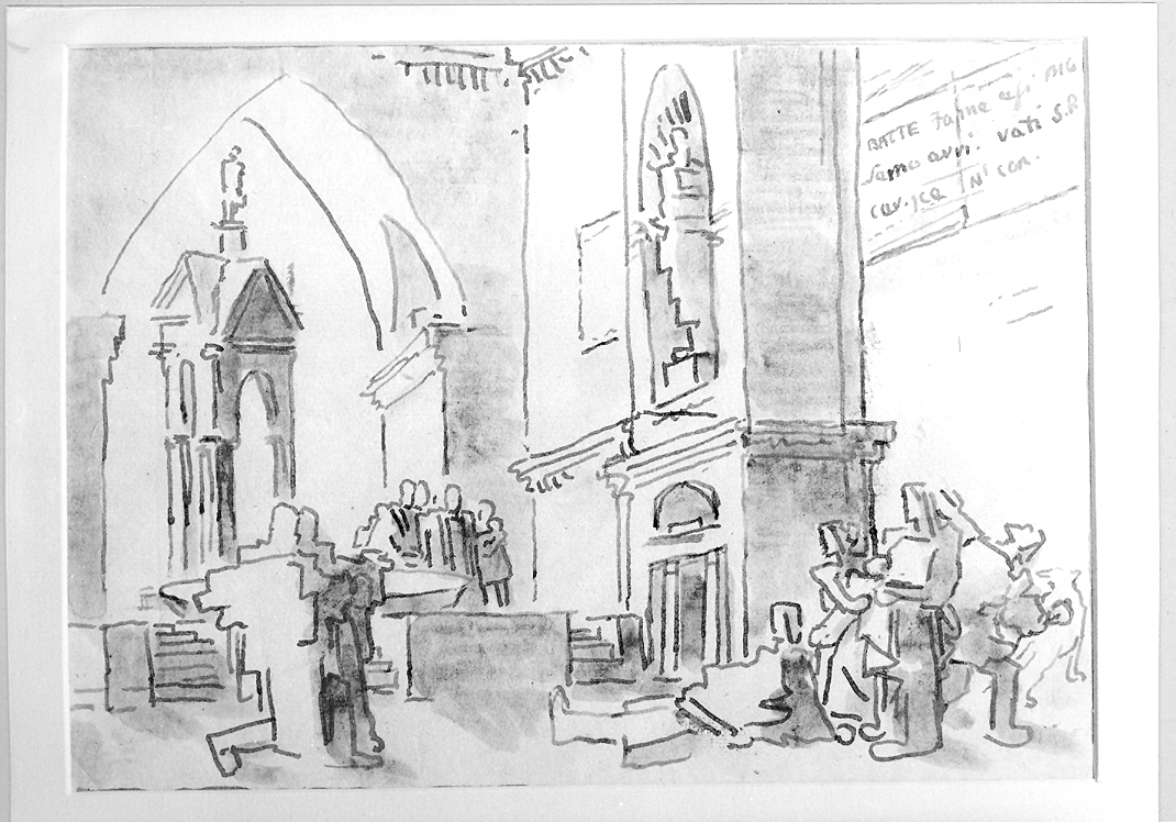 interno di edificio sacro con figure (disegno) di Duranti Fortunato (sec. XIX)