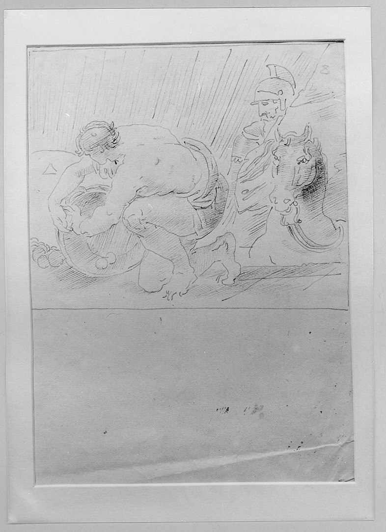 figura virile inginocchiata e cavaliere (disegno) di Duranti Fortunato (sec. XIX)