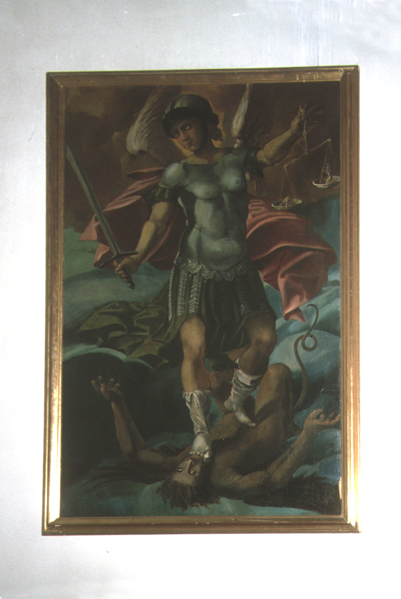 San Michele Arcangelo combatte Satana (dipinto) di Bonfini Martino (fine sec. XVI)