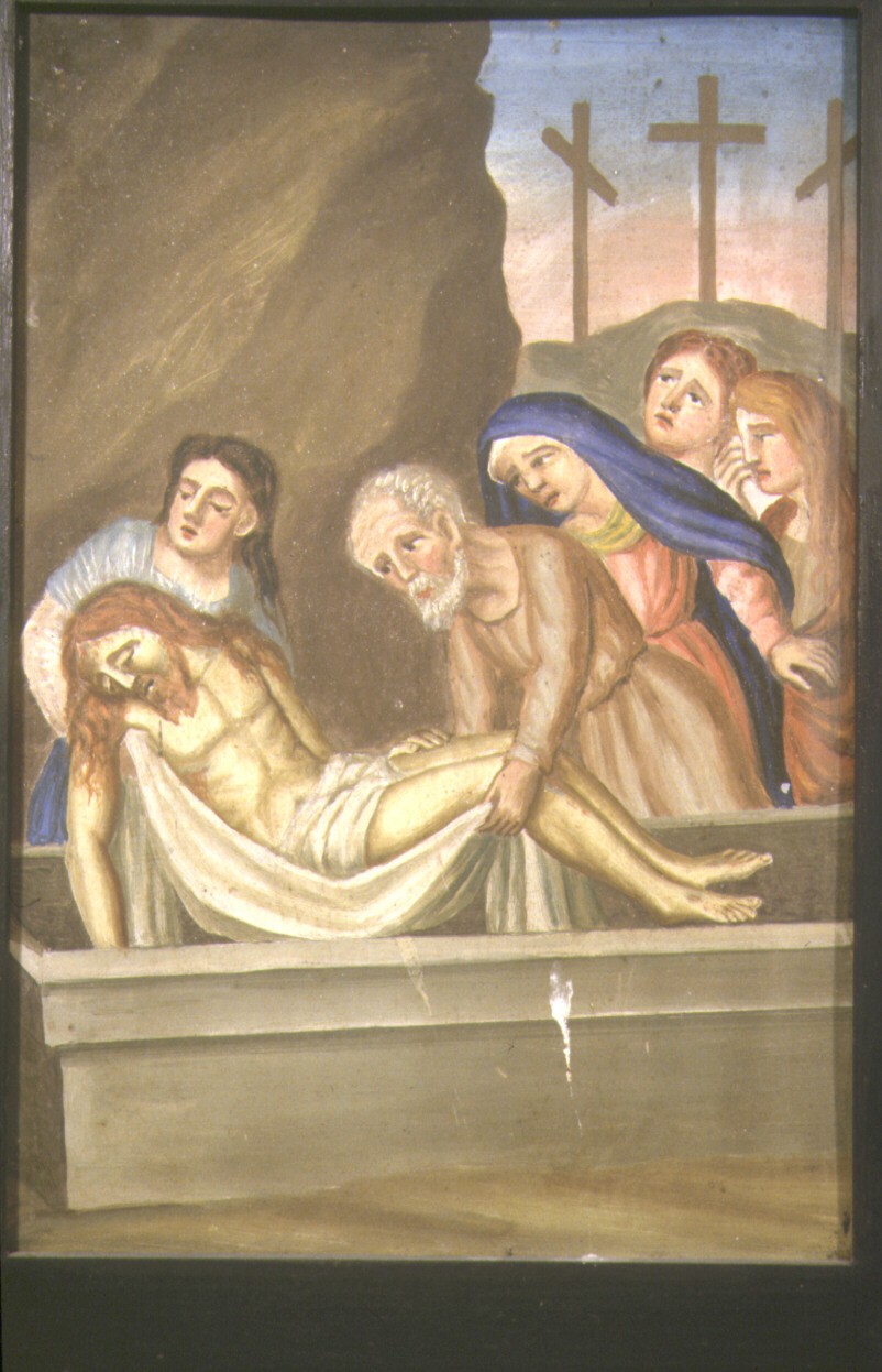 stazione XIV: Gesù deposto nel sepolcro (dipinto, elemento d'insieme) - bottega marchigiana (primo quarto sec. XX)
