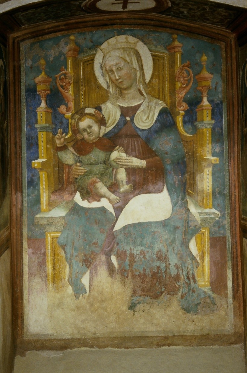 Madonna con Bambino in trono (dipinto, complesso decorativo) - bottega umbro-marchigiana (prima metà sec. XV)