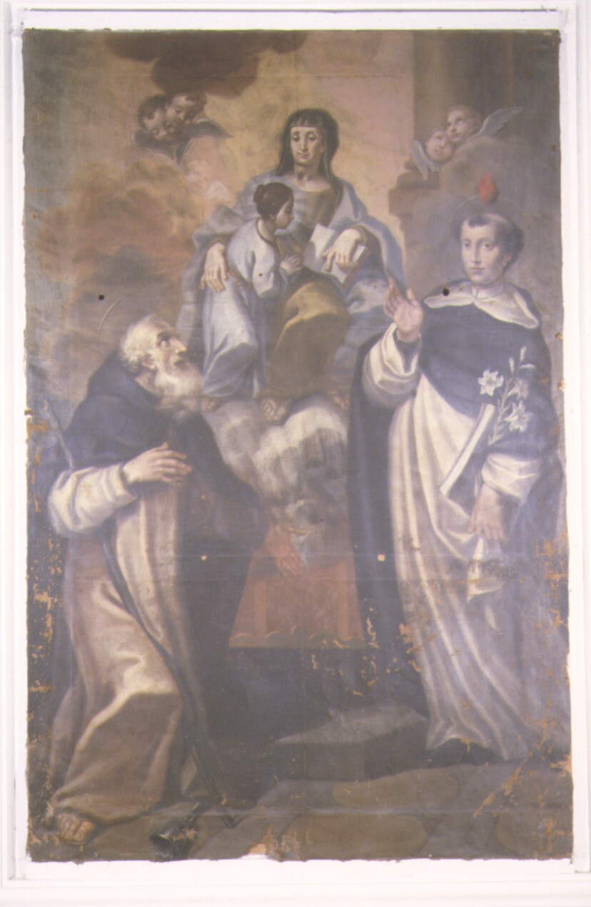 Sant'Anna insegna a leggere a Maria Vergine, Sant'Antonio abate, San Vincenzo Ferrer (dipinto) - ambito marchigiano (secondo quarto sec. XVIII)