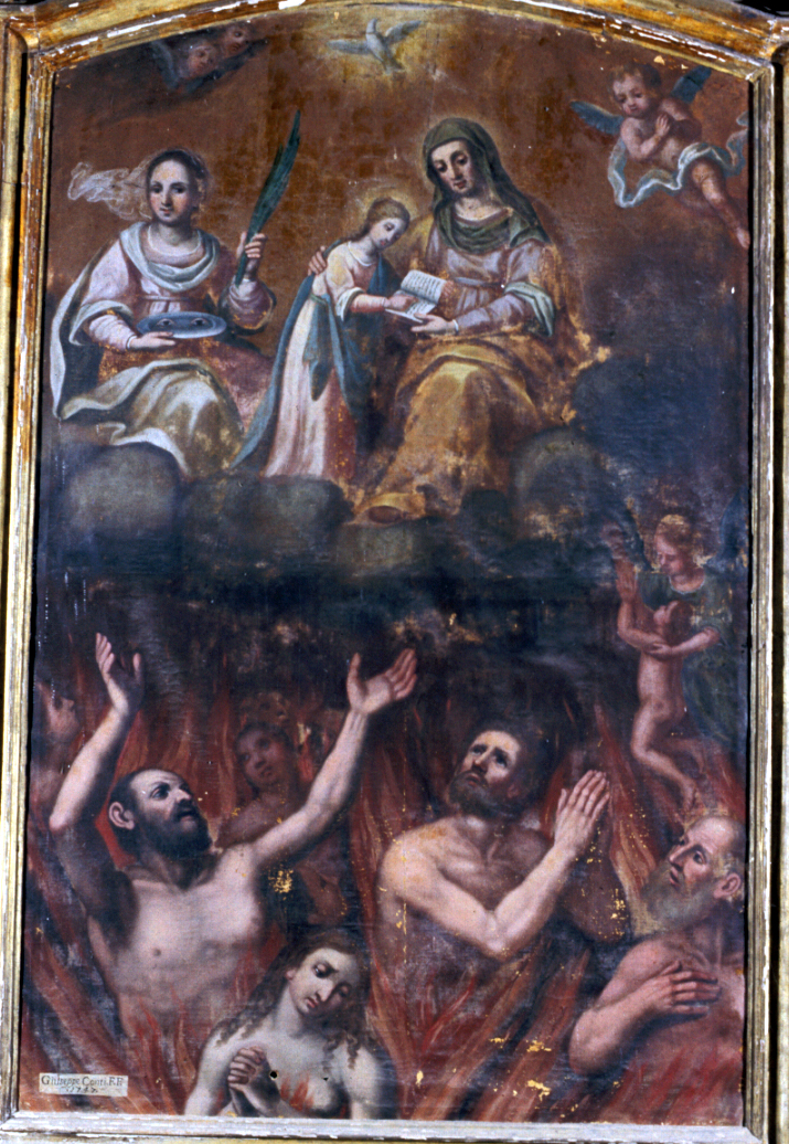 Sant'Anna, Maria Vergine bambina e Santa Lucia sopra alle anime del purgatorio (dipinto, elemento d'insieme) - ambito marchigiano (sec. XVIII)