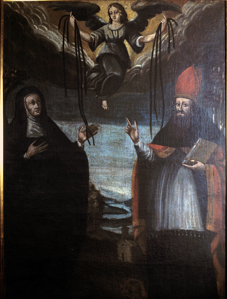 angelo consegna le cinture a Santa Monaca e a Sant'Emidio (?) vescovo (dipinto) - ambito marchigiano (sec. XVII)